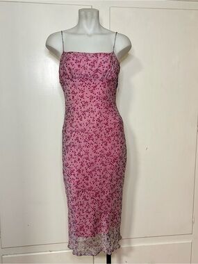 Vintage 90s/Y2K Floral Milkmaid Pink Purple Silk Rayon Floral Midi Dress
